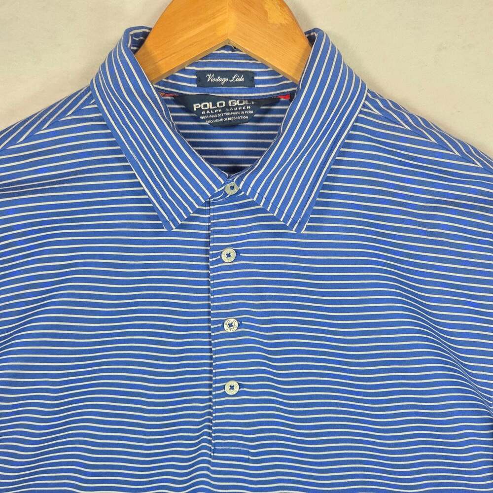 Polo Golf Ralph Lauren Shirt Mens Large Blue Striped Vintage Lisle Pima Cotton - Picture 2 of 8
